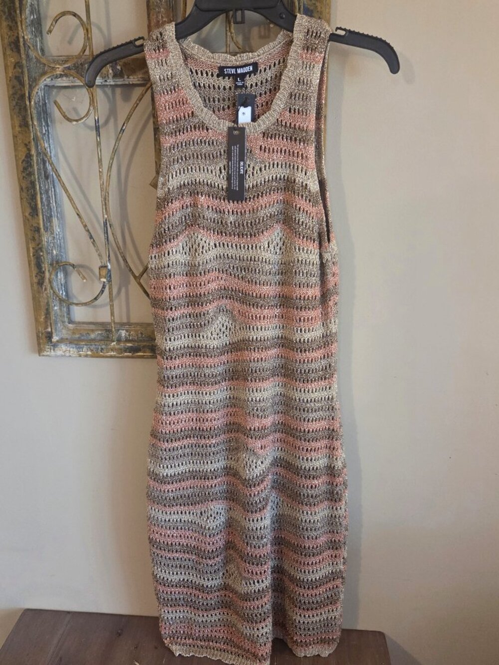 NWT Steve Madden Ronnie Sweater Dress Metallic Gold Stripe Midi Women's L